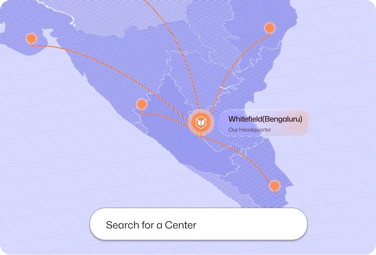Map of Leap Scholar experience centres across India, headquartered in Whitefield, Bengaluru